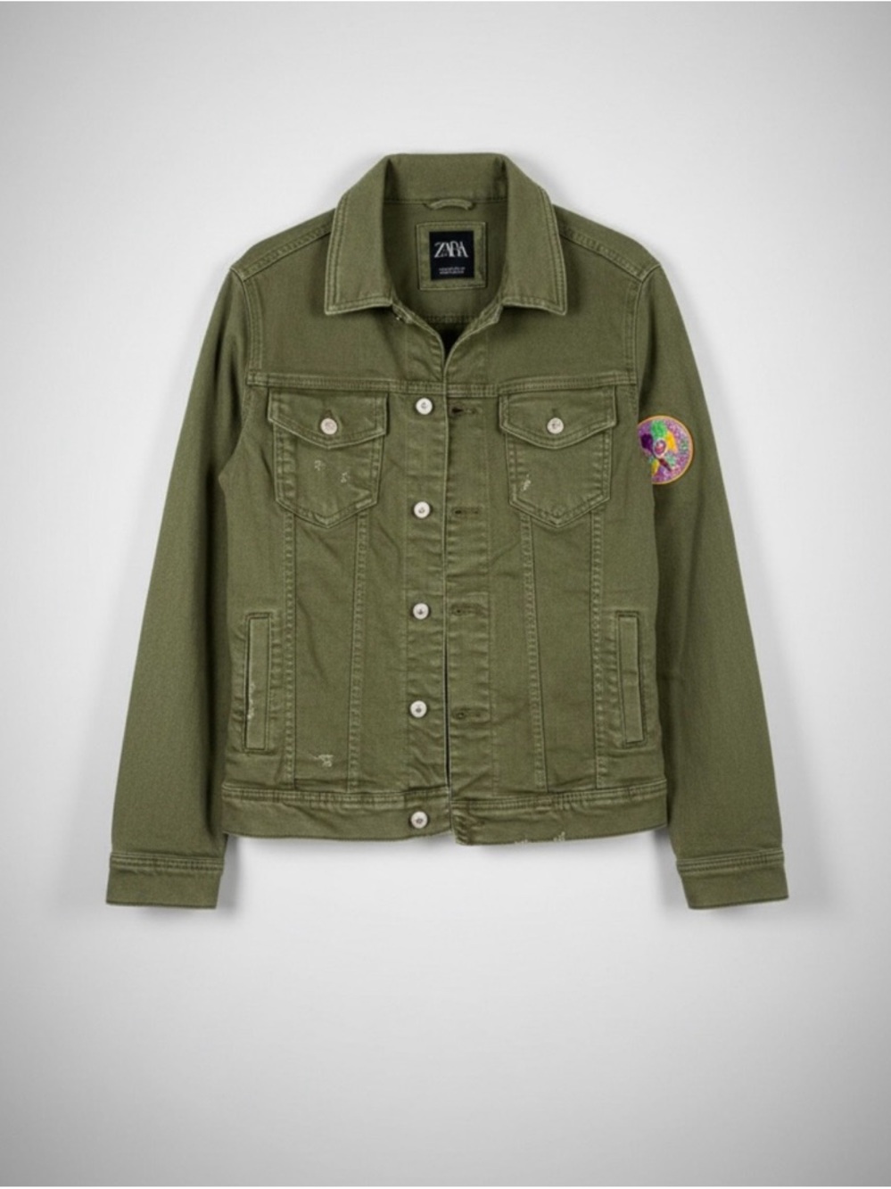 Zara Olive Green Denim Jacket with Colorful‎ Sleeve Patch Gorpcore